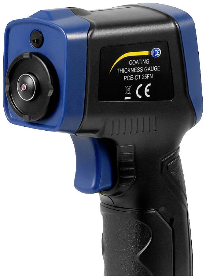 Handgerät zur Messung der Beschichtungsdicke mit blauer und schwarzer Hülle, seitliche Ansicht.