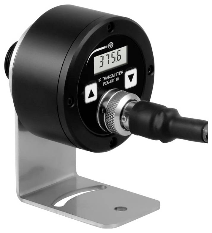 Industrielle IR-Sendeinheit auf einer Metallhalterung, mit digitalem Display, das „375,6" anzeigt, und Auf-/Ab-Steuertasten, verbunden mit einem Kabel.