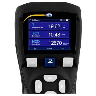 Tragbares PCE-Feuchtemessgerät-Display zeigt eine Temperatur von 19,62 °C, einen Taupunkt von 10,48 °C und eine Luftfeuchte von 12670 ppmv an.