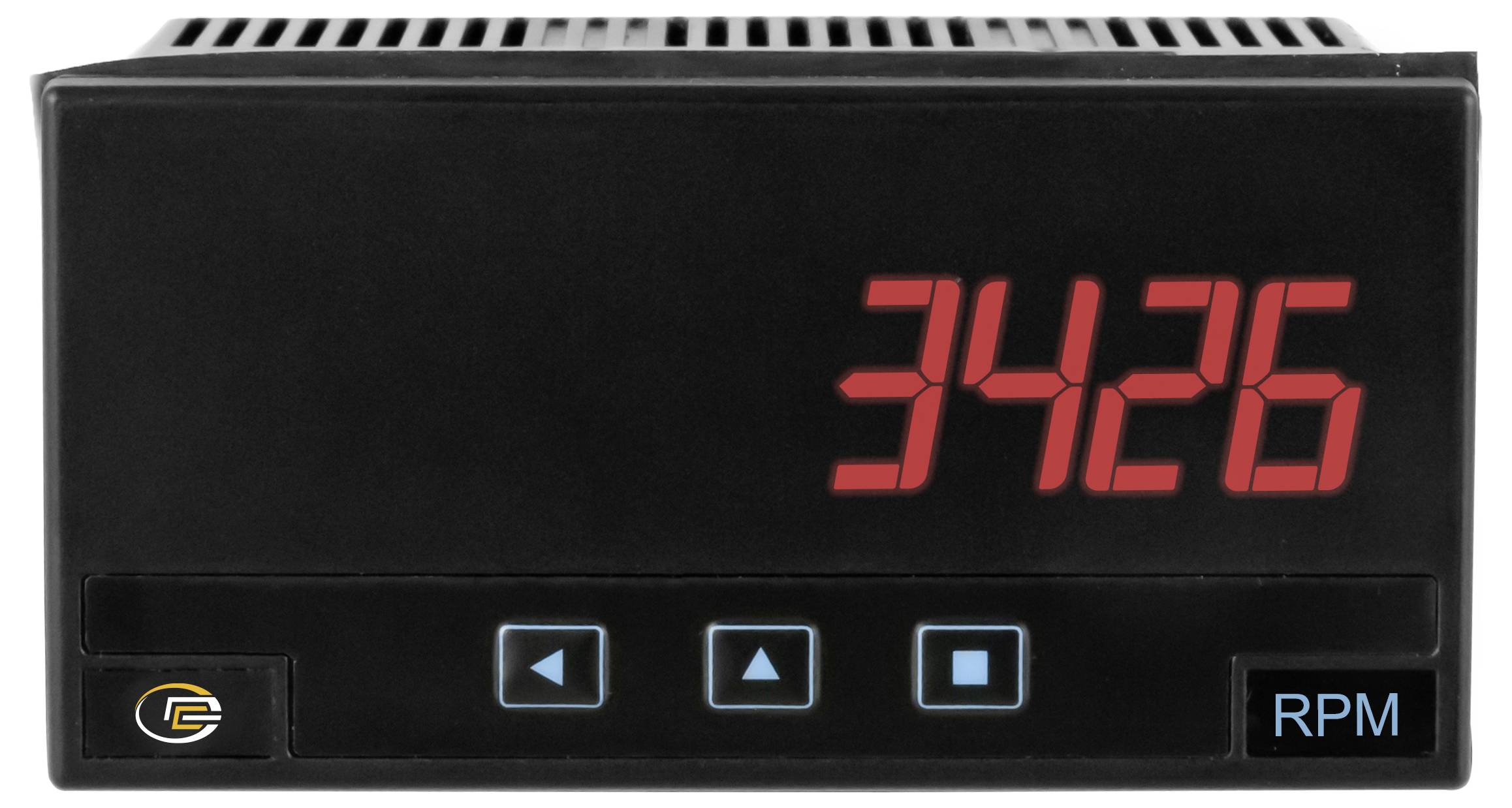 Digitales Paneeldisplay zeigt "34,26" in roten Siebensegment-Ziffern an, mit blauen Steuertasten und einer "RPM"-Bezeichnung unten rechts.
