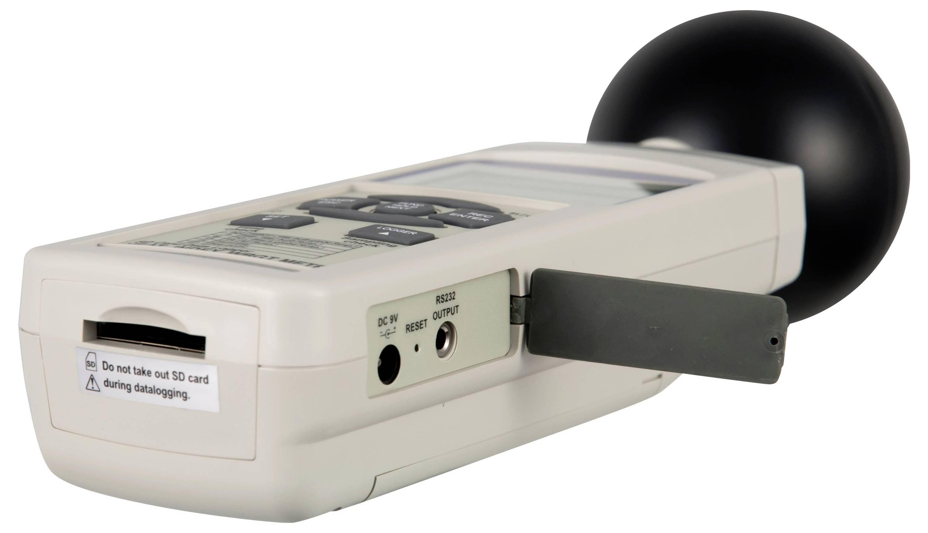 Tragbares Schallpegelmessgerät mit großem schwarzem kugelförmigem Mikrofon und LCD-Display, verwendet zum Messen von Geräuschpegeln.