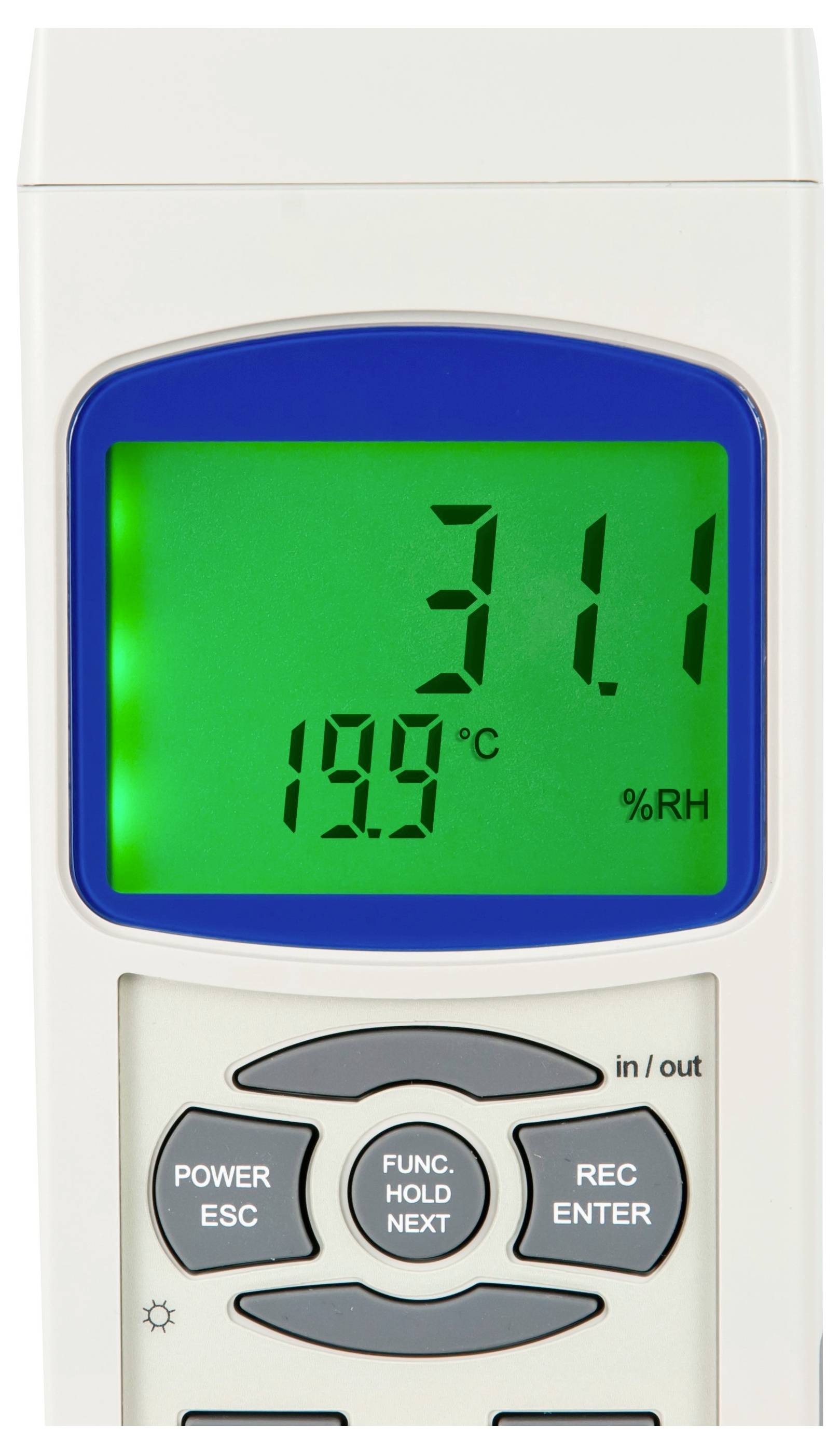 Digitales Thermometer-Hygrometer-Display zeigt 31,1°C und 19,9% relative Luftfeuchte auf einem tragbaren Gerät an.