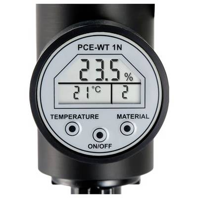 Digitales Temperatur- und Materialfeuchtemessgerät mit der Bezeichnung „PCE-WT 1N" zeigt 23,5%, 21°C und 2 auf einem runden Display mit Temperatur-, Material- und Ein-/Ausschaltern.