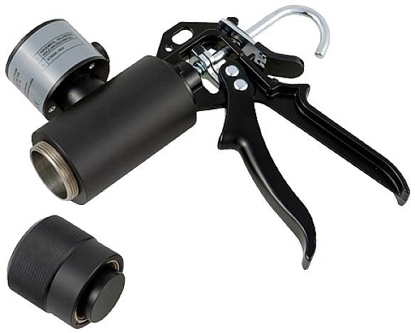 Eine schwarze Fettpresse mit Griff und abnehmbarem Deckel zeigt Teile des Werkzeugs.