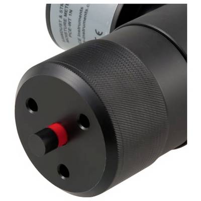 Nahaufnahme eines schwarzen zylindrischen mechanischen Geräts mit einem gerilltem Griff und einem rot gekennzeichneten hervorstehenden Stift, dargestellt auf weißem Hintergrund.