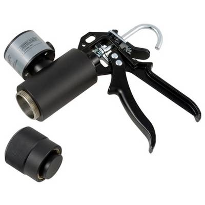 Schwarze Versiegelungspistole mit angebrachter grauer Patrone und separater schwarzer Düsenkkappe auf weißem Hintergrund.