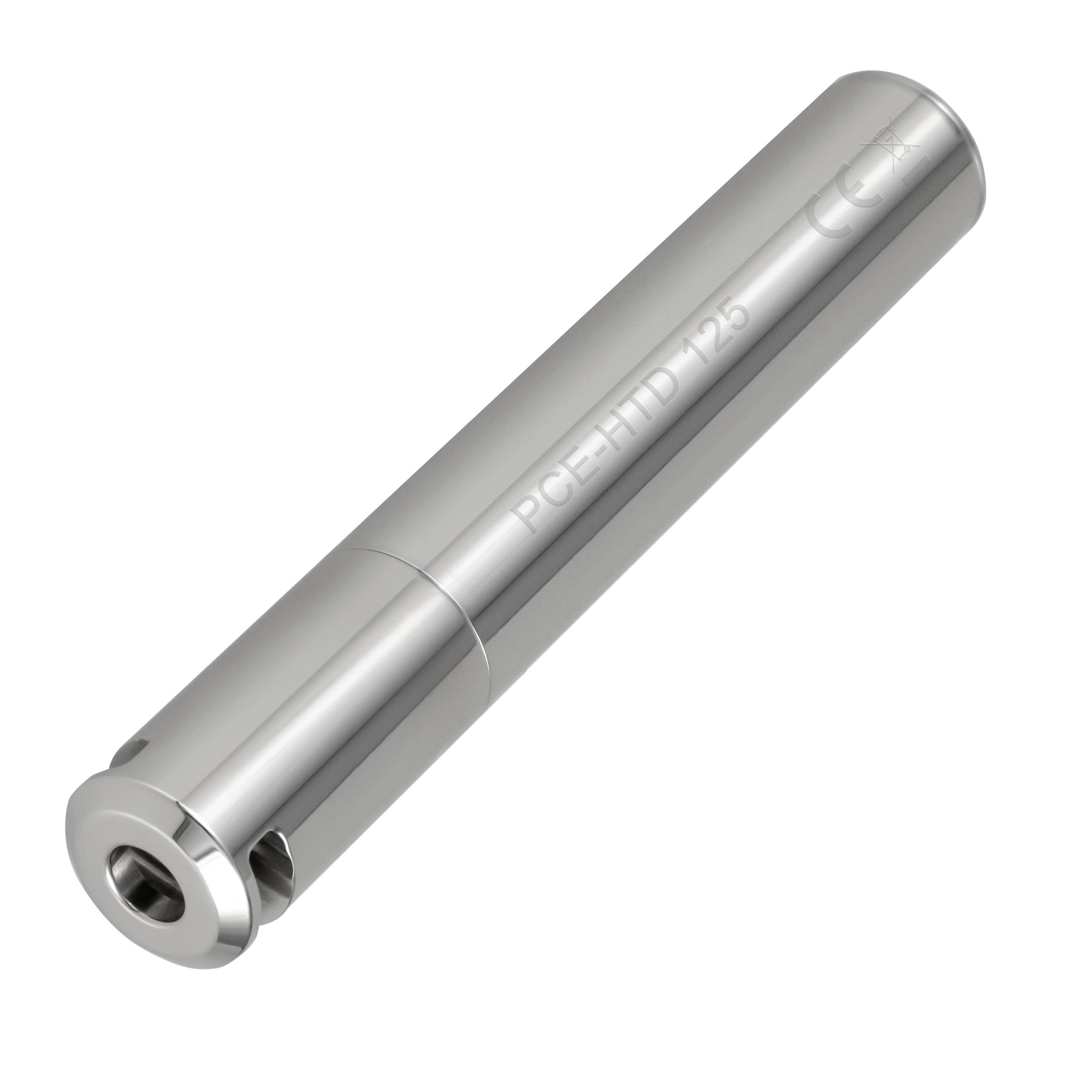 Metallisches zylindrisches Maschinenteil mit konischem Ende und Seitenloch, gekennzeichnet mit „PCF-FHD 125", isoliert auf weißem Hintergrund dargestellt.