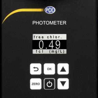 Ein Photometer mit einem Display, das 0,49 mg/L freien Chlor anzeigt. Darunter befinden sich Tasten für OK, Pfeiltasten und Nullstellung.