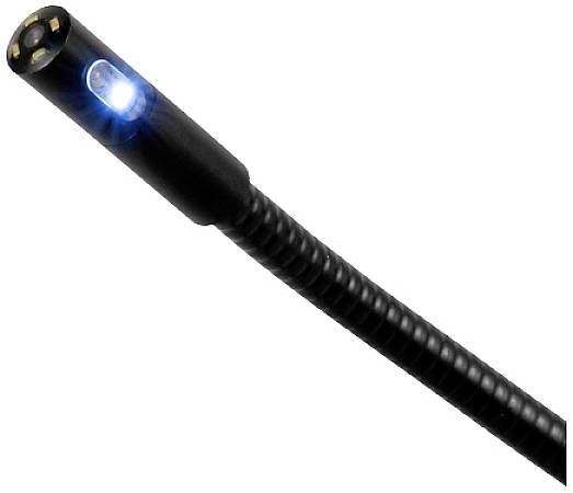 Endoskopkamera mit biegsamem Kabel und eingeschaltetem LED-Licht, geeignet zur Inspektion schwer zugänglicher Bereiche.