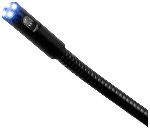Endoskopkamera mit flexiblem Kabel und leuchtenden LED-Lichtern an der Spitze, zur Untersuchung schwer zugänglicher Bereiche.