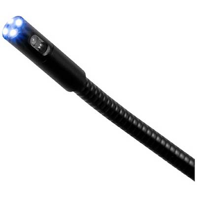 Endoskopkamera mit flexiblem Kabel und leuchtenden LED-Lichtern an der Spitze, zur Untersuchung schwer zugänglicher Bereiche.