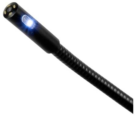 Schwarze flexible Inspektionskamera-Sonde mit blauem leuchtendem LED-Licht an der Spitze auf weißem Hintergrund