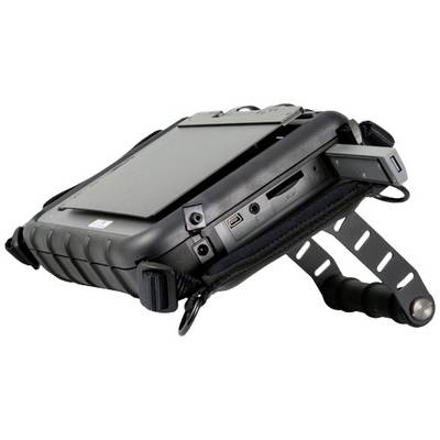 Ein robustes tragbares Tablet mit verschiedenen Anschlüssen, das seitlich auf einem Tisch liegt. Ein Ständer unterstützt das Gerät.