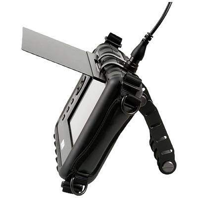 Tragbares Gerät mit Display und Antenne, möglicherweise ein Funkgerät oder Kommunikationsgerät mit robustem Gehäuse und Halteriemen.