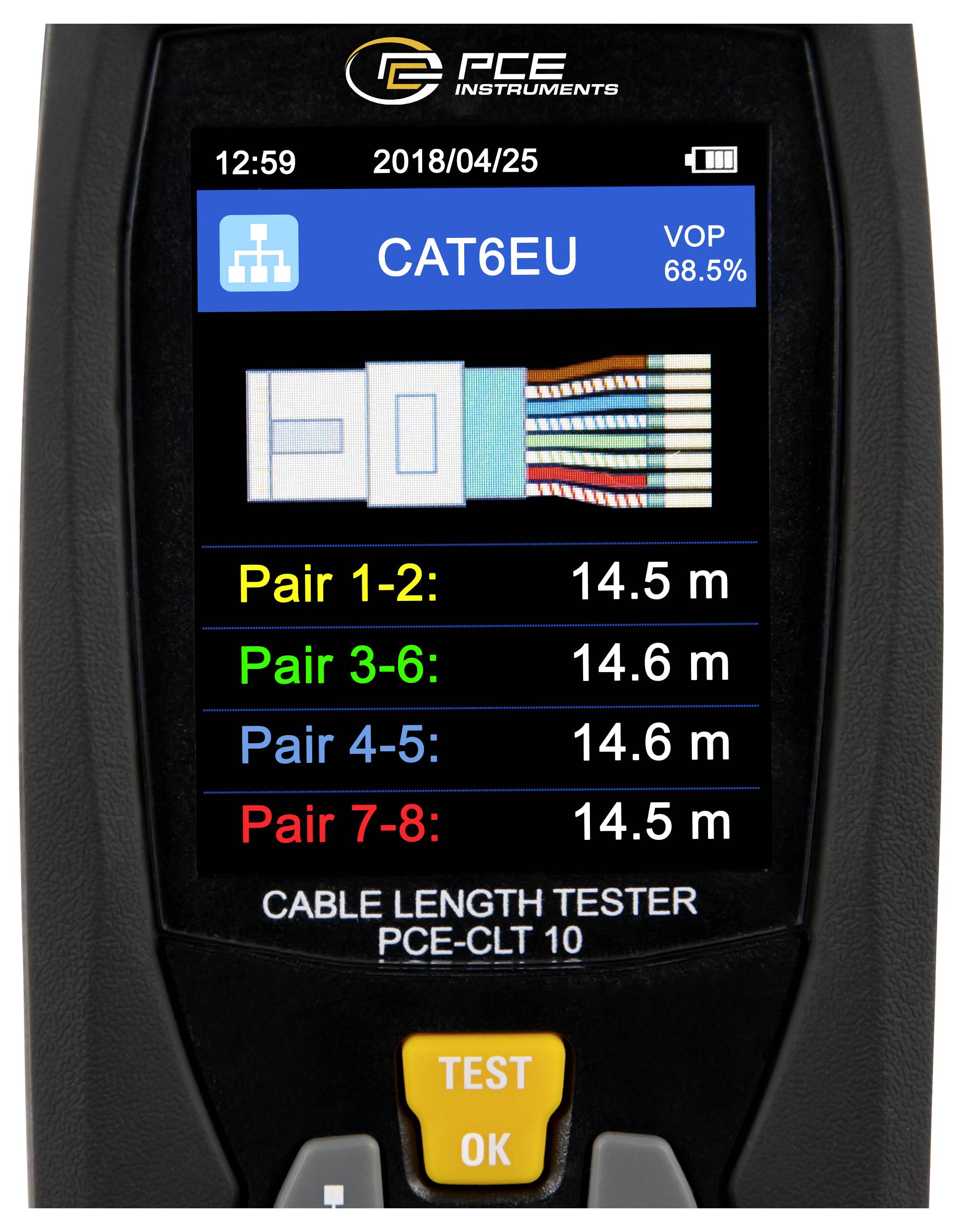 Tragbares Kabel-Längentestgerät mit Display, das CAT6EU und VOP 68,5% anzeigt, mit Paarenlängen von etwa 14,5 bis 14,6 m für die Paare 1-2, 3-6, 4-5 und 7-8.