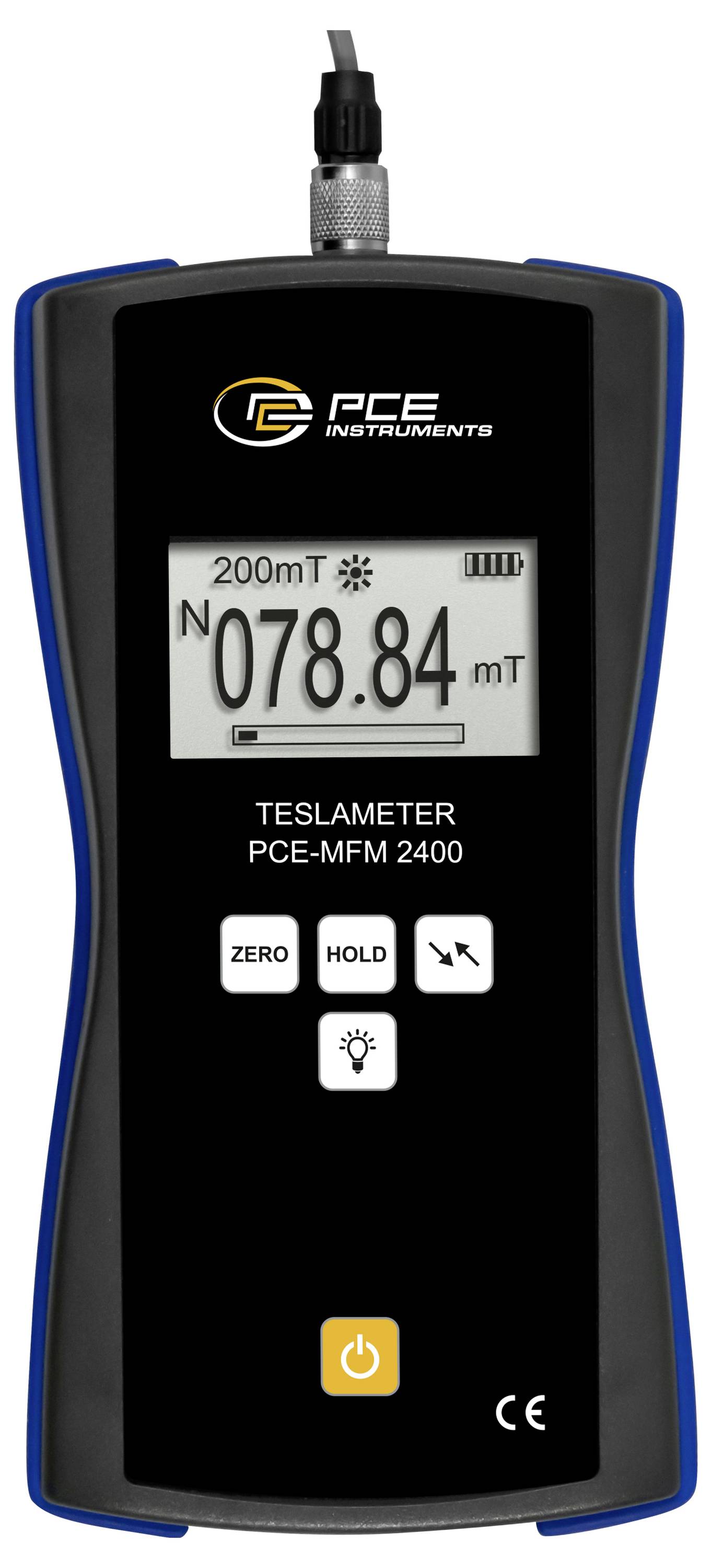 Tragbares PCE-Teslameter-Gerät mit einer Magnetfeldmessung von 078,84 mT auf seinem Display.