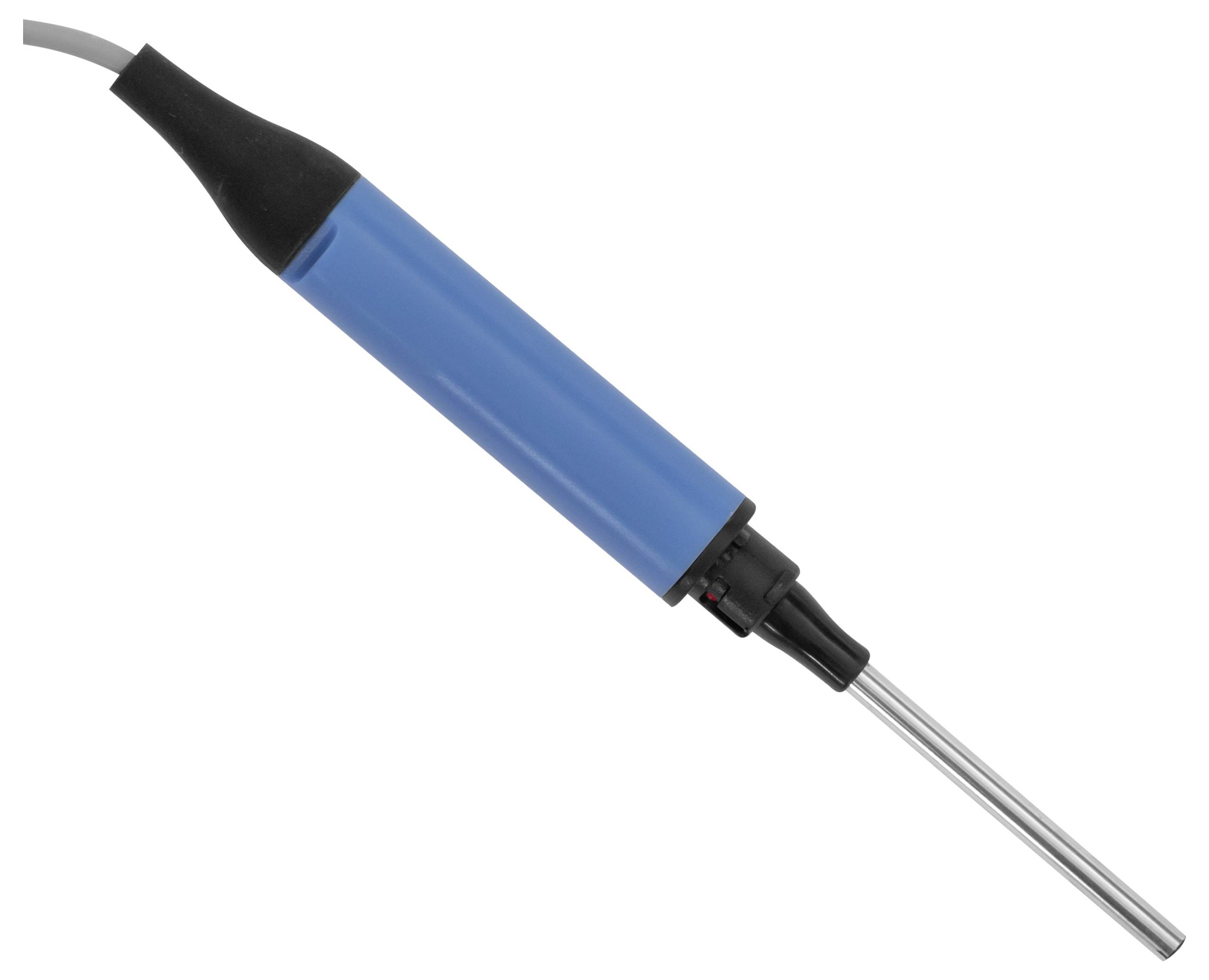 Blauer elektrischer Lötkolben mit schwarzem Griff und Metallanschlusskopf auf weißem Hintergrund.