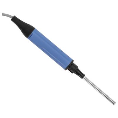 Blauer elektrischer Lötkolben mit schwarzem Griff und Metallanschlusskopf auf weißem Hintergrund.