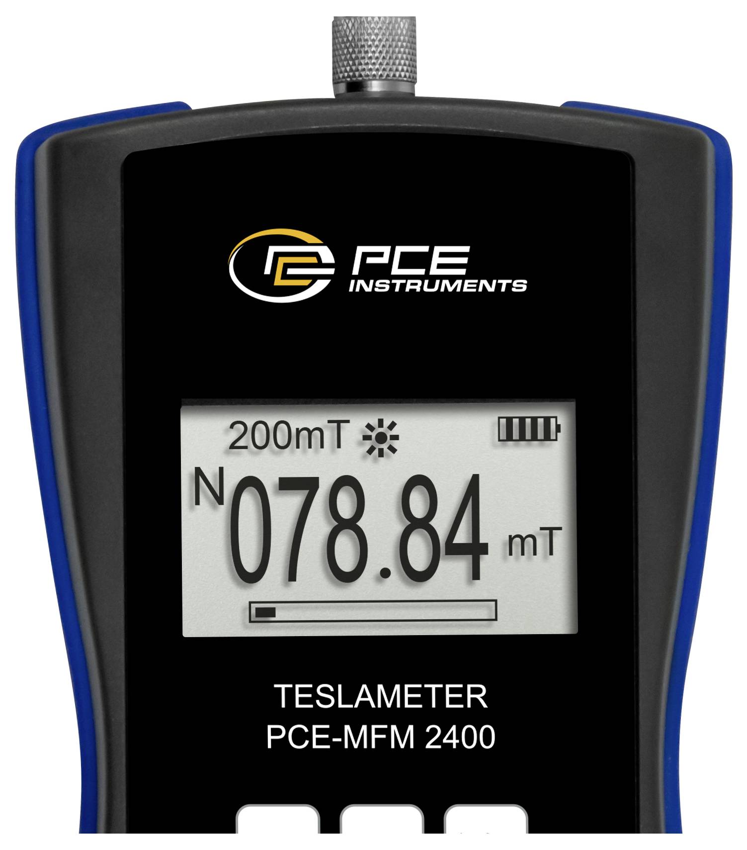 Tragbares PCE-Teslameter-Display zeigt eine Magnetfeldmessung von 78,84 mT im Messbereich von 200 mT an.