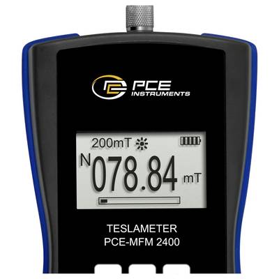 Tragbares PCE-Teslameter-Display zeigt eine Magnetfeldmessung von 78,84 mT im Messbereich von 200 mT an.