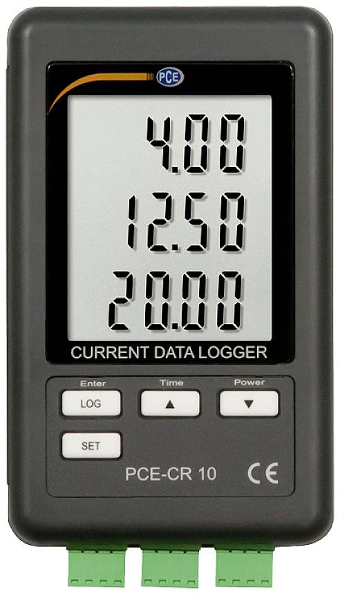 'Current Data Logger' mit großem Display zeigt Messwerte: 4.00, 12.50, 20.00. Tasten für Eingabe, Zeit und Strom vorhanden.