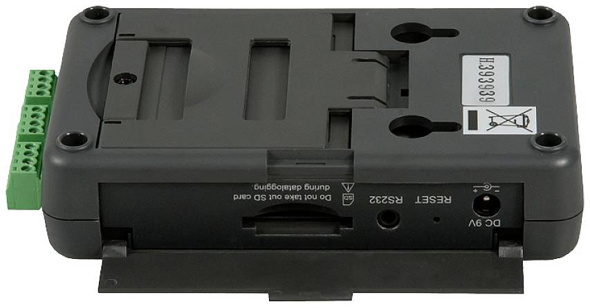 Schwarzes elektronisches Gerät mit grünen Anschlüssen, Aufschrift 'RESET RS232', und 9V-Stromanschluss auf der unteren Seite.