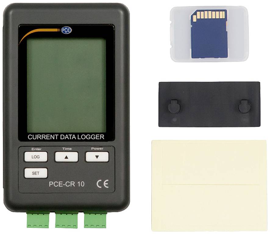 Ein Datenlogger mit LCD-Anzeige, zwei Eingabetasten. Rechts oben eine SD-Karte in einer Hülle. Darunter eine schwarze Abdeckung.