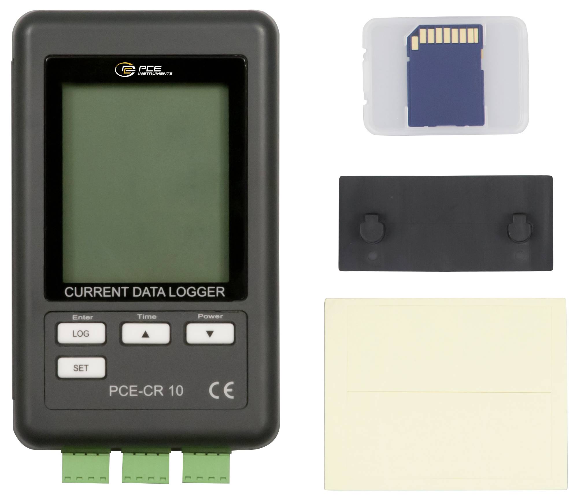 Produktfoto eines PCE-CR 10 Stromdaten-Loggers mit Display und Tasten, gezeigt mit Speicherkarte, Montageplatte und Klebepads.