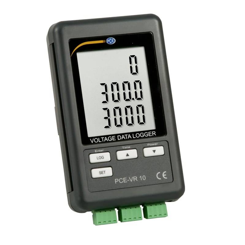 Tragbares Spannungs-Datenlogger-Display zeigt 0, 300,0 und 3000 an, mit LOG- und SET-Tasten und drei grünen Anschlussanschlüssen.