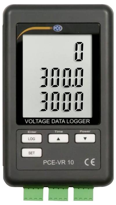 Tragbares Spannungsdatenlogger-Gerät zeigt 300,0 und 3000 auf einem digitalen Display an, beschriftet mit "VOLTAGE DATA LOGGER" und PCE-VR 10.