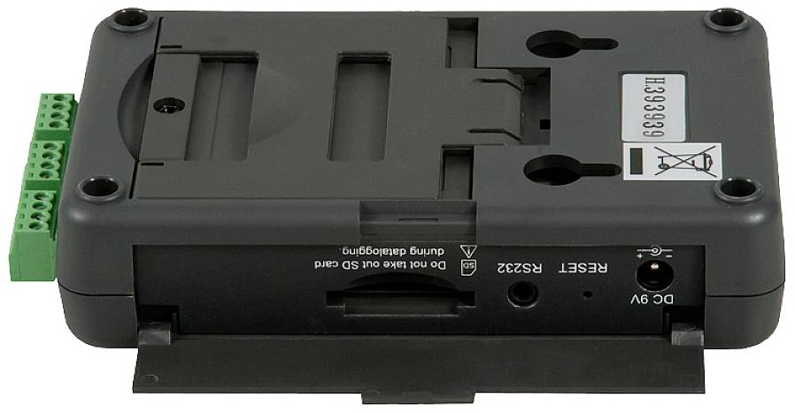 Ein schwarzes elektronisches Gerät mit Anschlüssen und einer Reset-Taste, geeignet für technische Anwendungen.