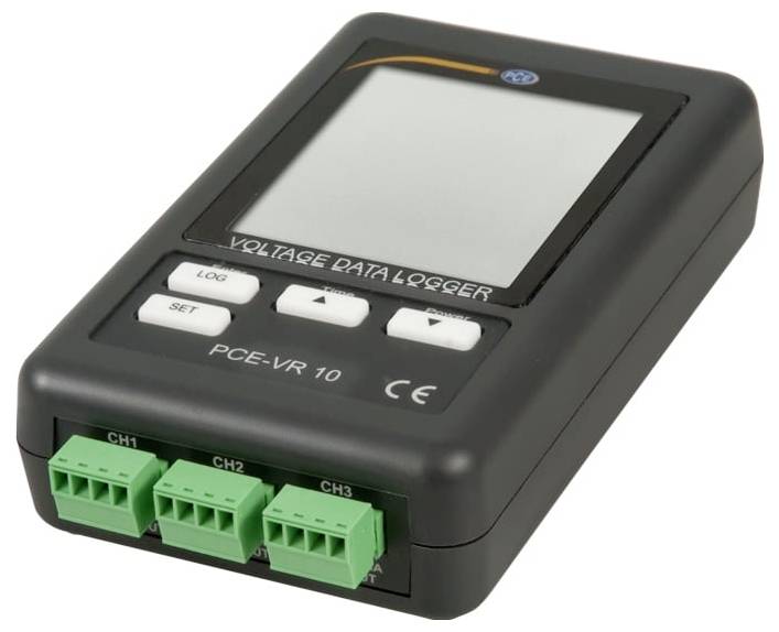 Tragbarer Spannungsdatenschreiber mit leerem Display, LOG- und SET-Tasten sowie drei grünen Eingangsklemmen mit der Bezeichnung CH1, CH2 und CH3.