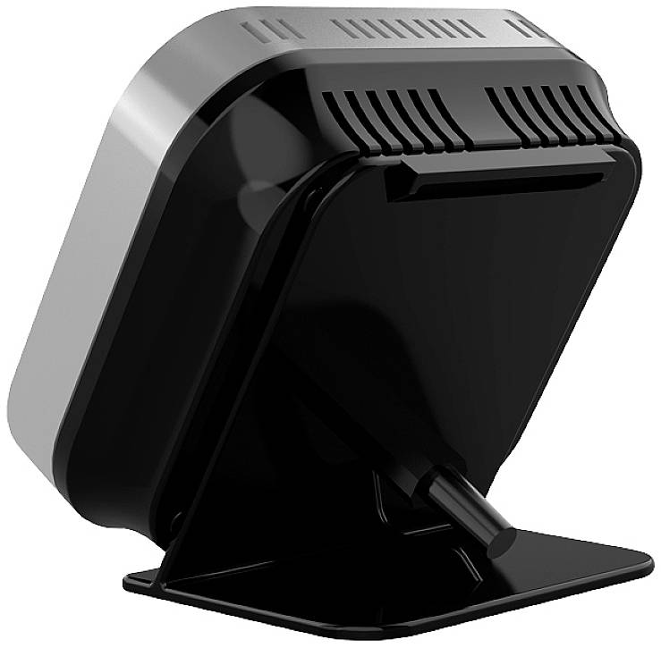 Ein schwarzer Wi-Fi-Router mit modernem, abgerundetem Design und Lüftungsschlitzen, auf einem Ständer stehend.