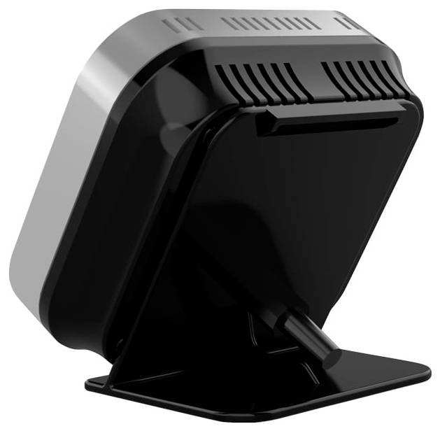 Schwarzer und grauer Desktop-Barcode-Scanner auf einem Ständer, nach oben geneigt mit großem Scanfenster.