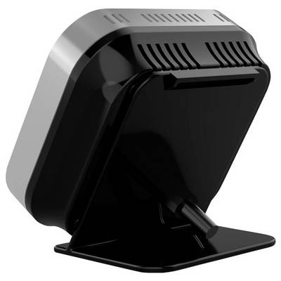 Schwarzer und grauer Desktop-Barcode-Scanner auf einem Ständer, nach oben geneigt mit großem Scanfenster.