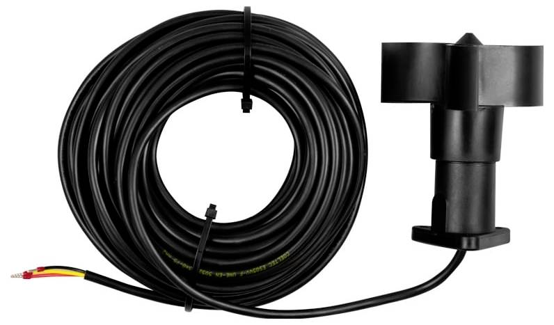 Aufgerolltes schwarzes Kabel mit einem zweipoligen Stecker und angebrachter Befestigungsbasis, dargestellt auf weißem Hintergrund.