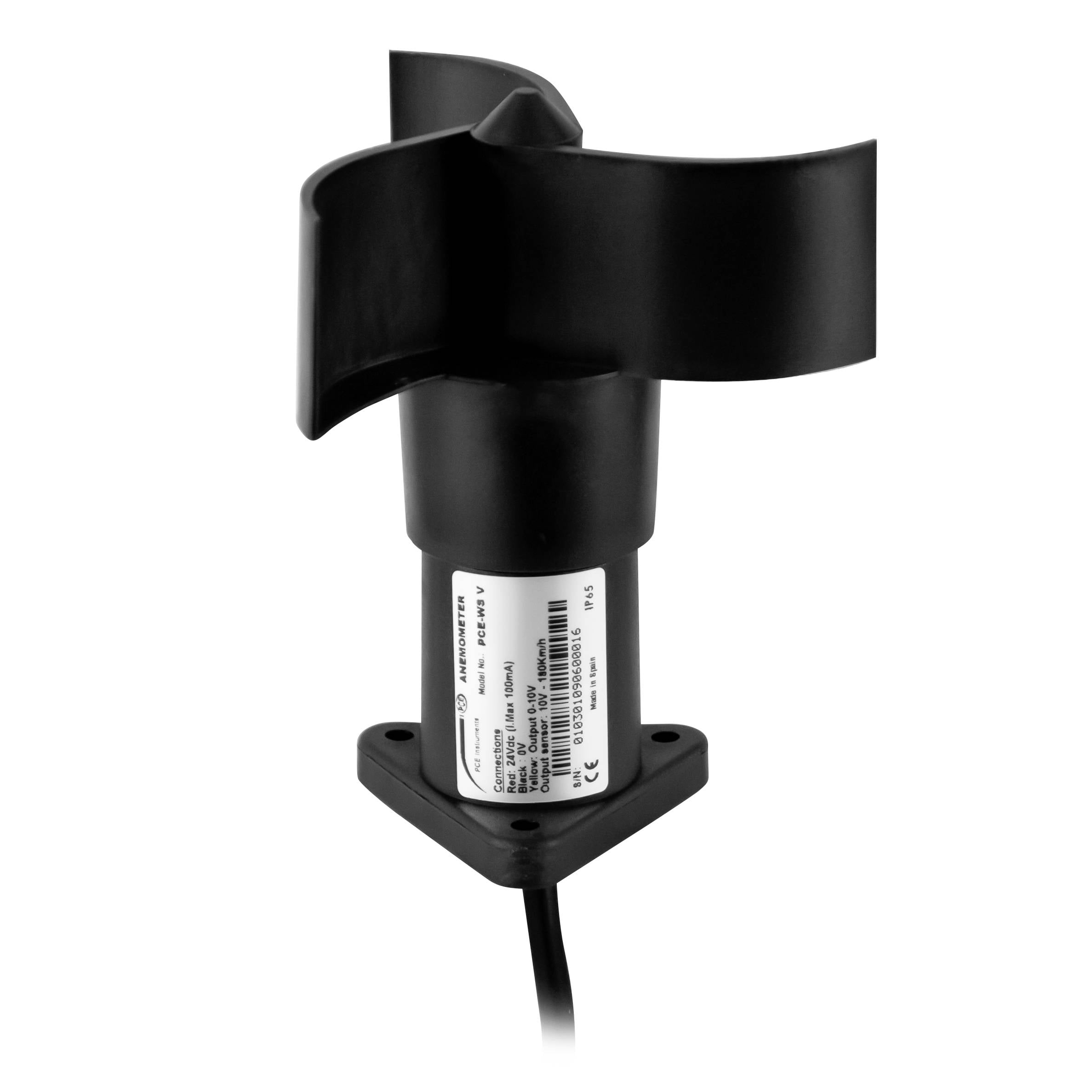 Schwarzer montierter Industrie-Sensor oder Aktor mit breiter gekrümmter oberer Klinge und angeschlossenem Kabel auf weißem Hintergrund.