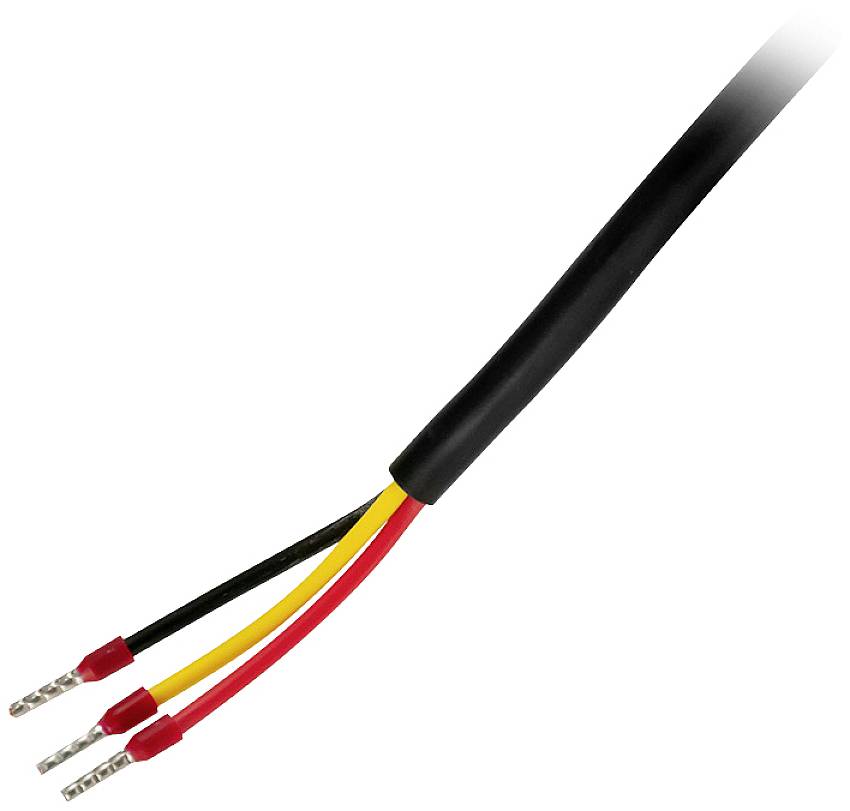 Ein dreiadriges Kabel mit schwarzen, roten und gelben Drähten, die an Steckern enden, auf weißem Hintergrund.