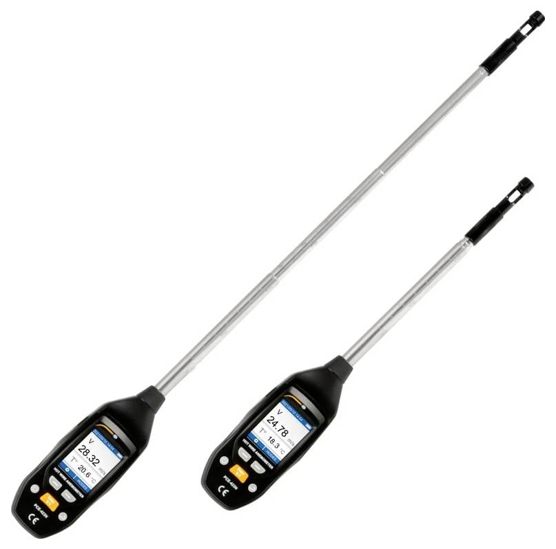 Zwei digitale Temperaturmessfühler mit langen Metallschäften und schwarzen Griffen, jeder mit einem kleinen LCD-Display.