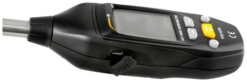 Ein tragbares digitales Messgerät mit Bildschirm und vier Tasten zum Überprüfen von Luftqualität und Temperatur.