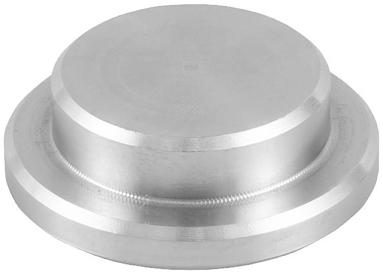 Eine silberne, metallische Abdeckung mit konzentrischen Ringen, glatt und rund. Possible use: Industrielle Anwendung oder Maschinenkomponente.