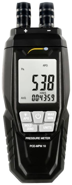 Ein digitales Druckmessgerät zeigt einen Druck von 538 Pascal an. Unten sind Tasten zur Bedienung und Einstellungen sichtbar.