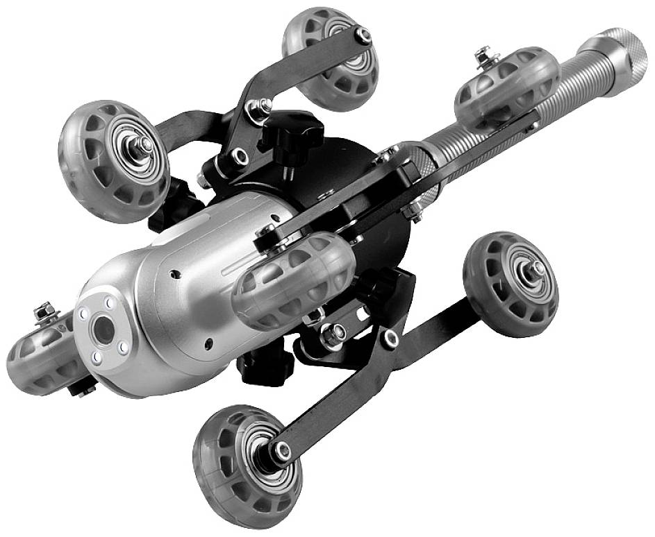 Ein Roboter mit mehreren Rädern und einem kameraähnlichen Objekt, vermutlich für Inspektionszwecke in Rohren oder engen Bereichen.