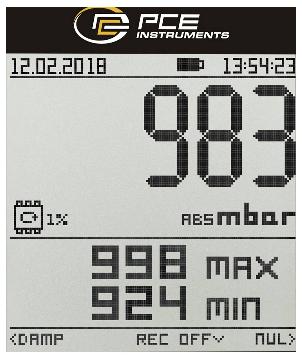 PCE Instruments digitales Messergerät-Display zeigt 983 oben, Datum 12.02.2018, Uhrzeit 13:54:23, Akku 1%, ABS-Modus, max 996, min 924, damp und REC AUS.