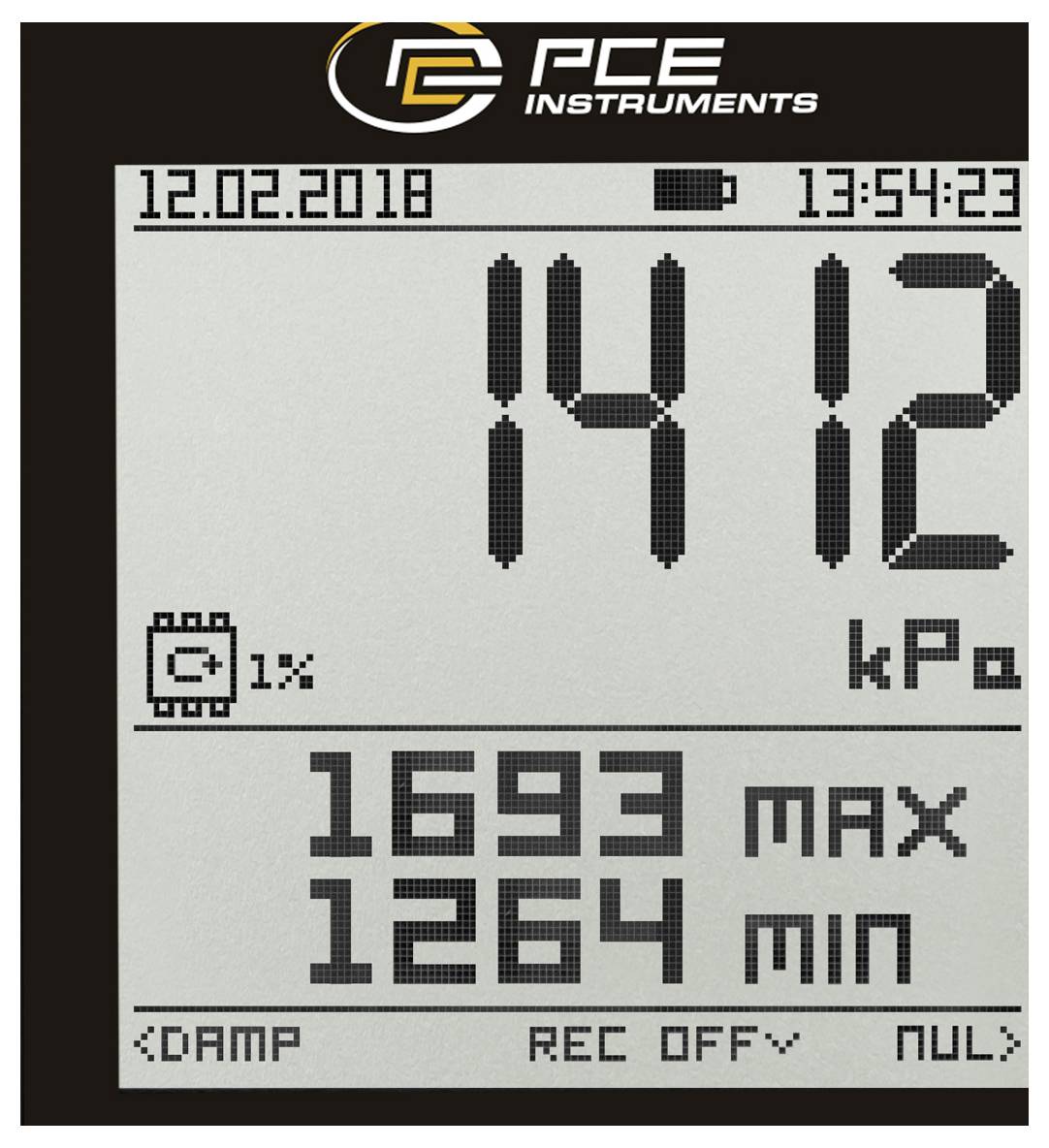 Digitales Druckmessgerät-Display zeigt 14,12 kPa an, max 1693 und min 1264, mit Datum 12.02.2018, Uhrzeit 13:54:23 und Batteriestand bei 1%.