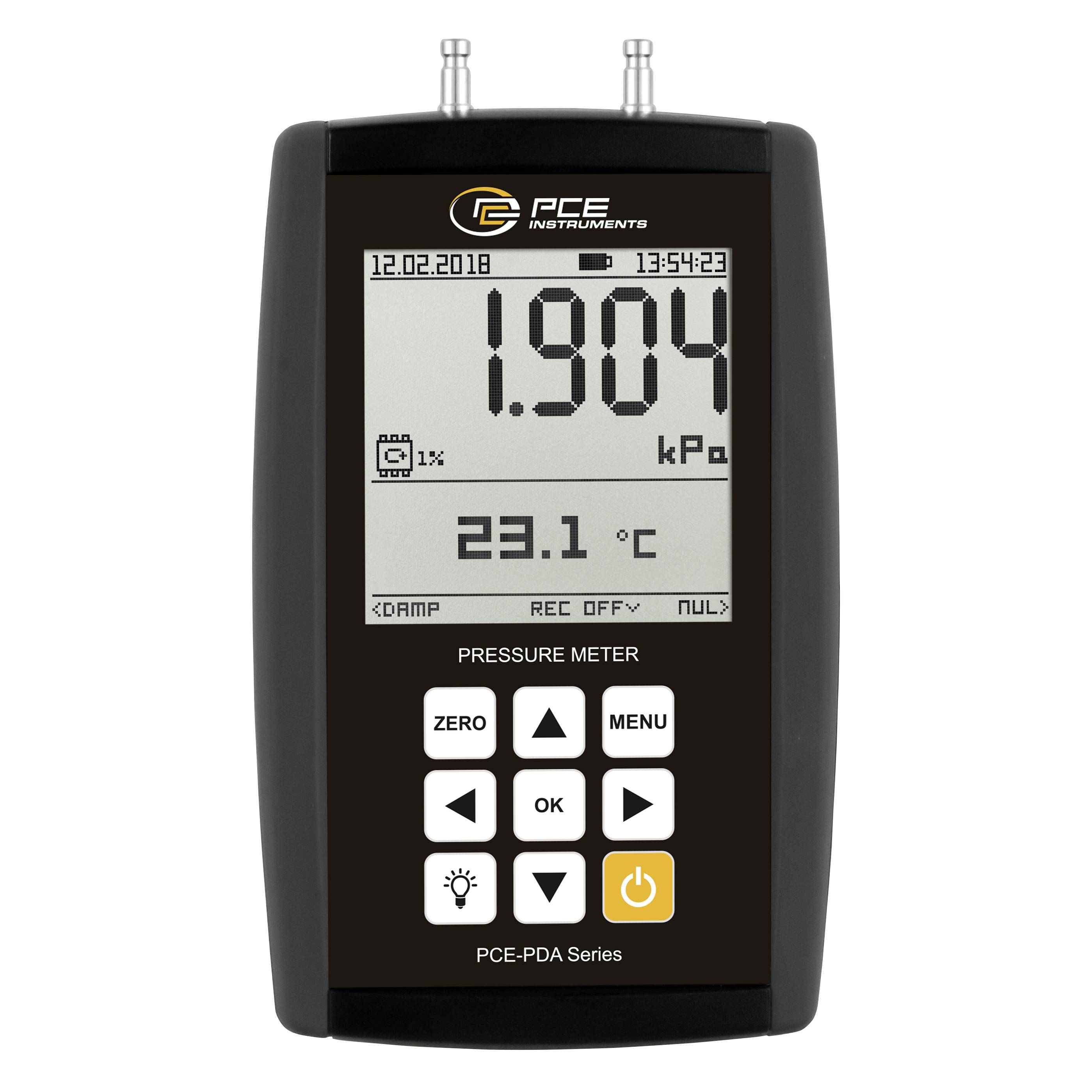 Tragbares PCE-Messinstrument Druckmessgerät mit Anzeige von 1.904 kPa und 23.1°C, mit Datum und Uhrzeit oben.