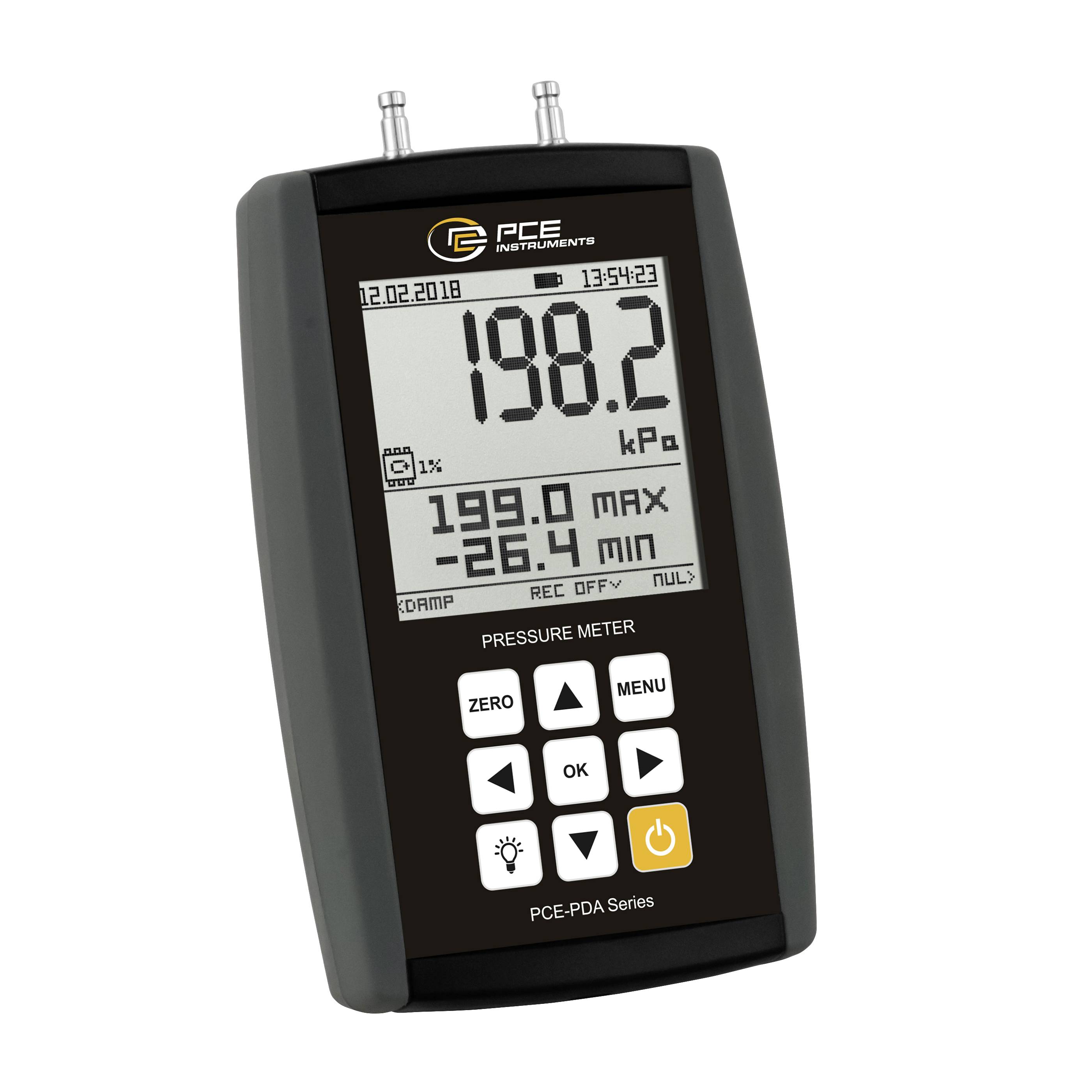 Tragbares digitales Druckmessgerät zeigt 198,2 kPa an, mit Maximum 199,0 und Minimum -26,4, sowie Bedientasten unterhalb des Displays.