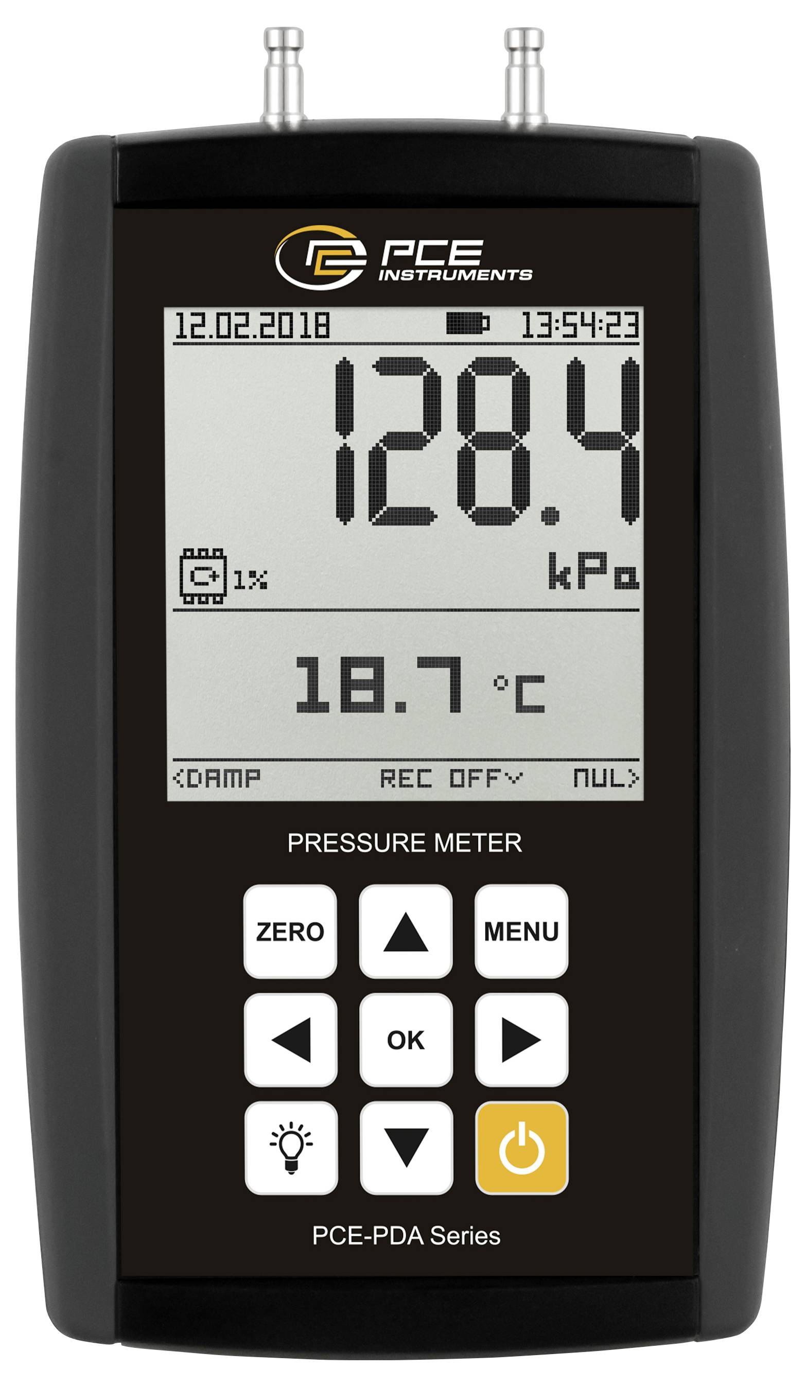 Tragbares PCE-Druckmessgerät-Display zeigt 128,4 kPa und 18,7 °C an, mit Datum, Uhrzeit, Batterieanzeige und Steuertasten.