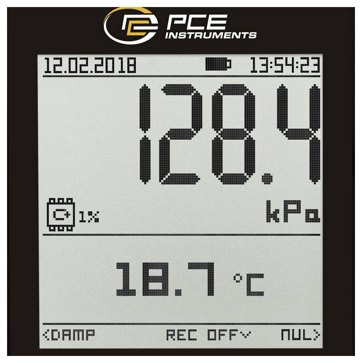 Digitale Druckmessgerät-Anzeige mit 128,4 kPa und 18,7 °C, mit Datum 12.02.2018 und Uhrzeit 13:54:23.