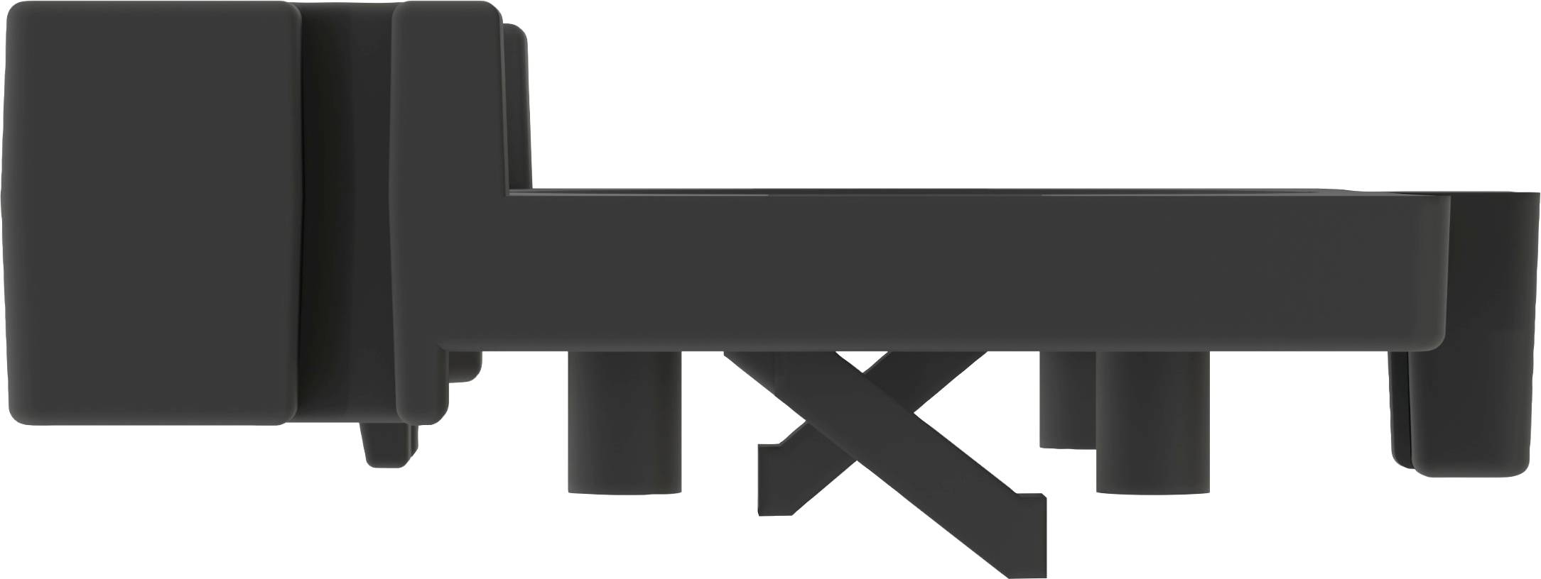 Ein Bettgestell aus schwarzem Metall mit X-förmigen Stützen und flachem Design, seitliche Ansicht.